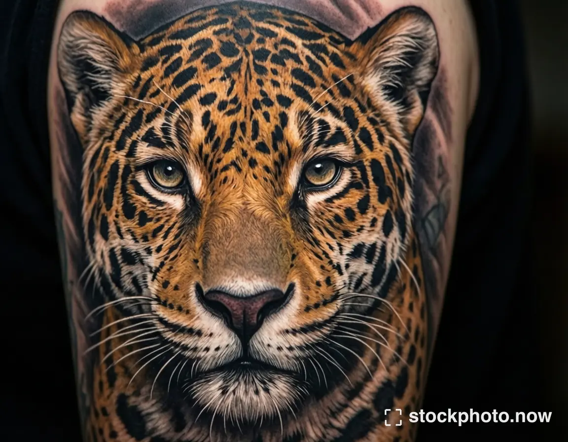 A hyperrealistic tattoo of a jaguar's face with piercing eyes and detailed rosette patterns covers a person's arm.