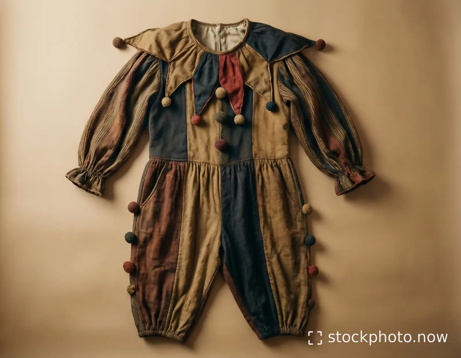 A vintage patchwork clown costume with striped sleeves and colorful pom-poms hangs against a beige wall.