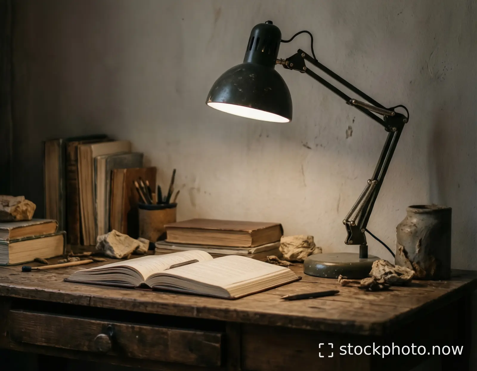 A vintage desk lamp casts warm light on an open book surrounded by old books pencils and weathered artifacts.