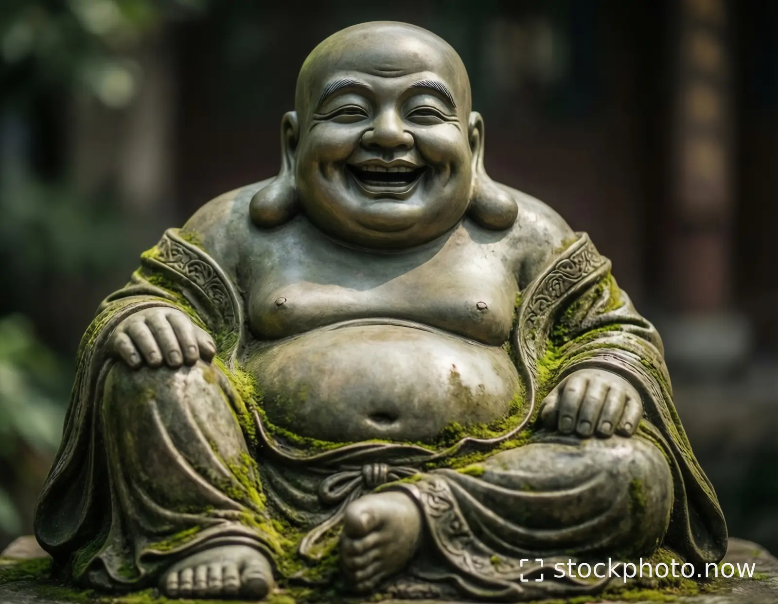 A weathered stone laughing buddha statue covered in moss sits serenely in a garden with soft natural light.