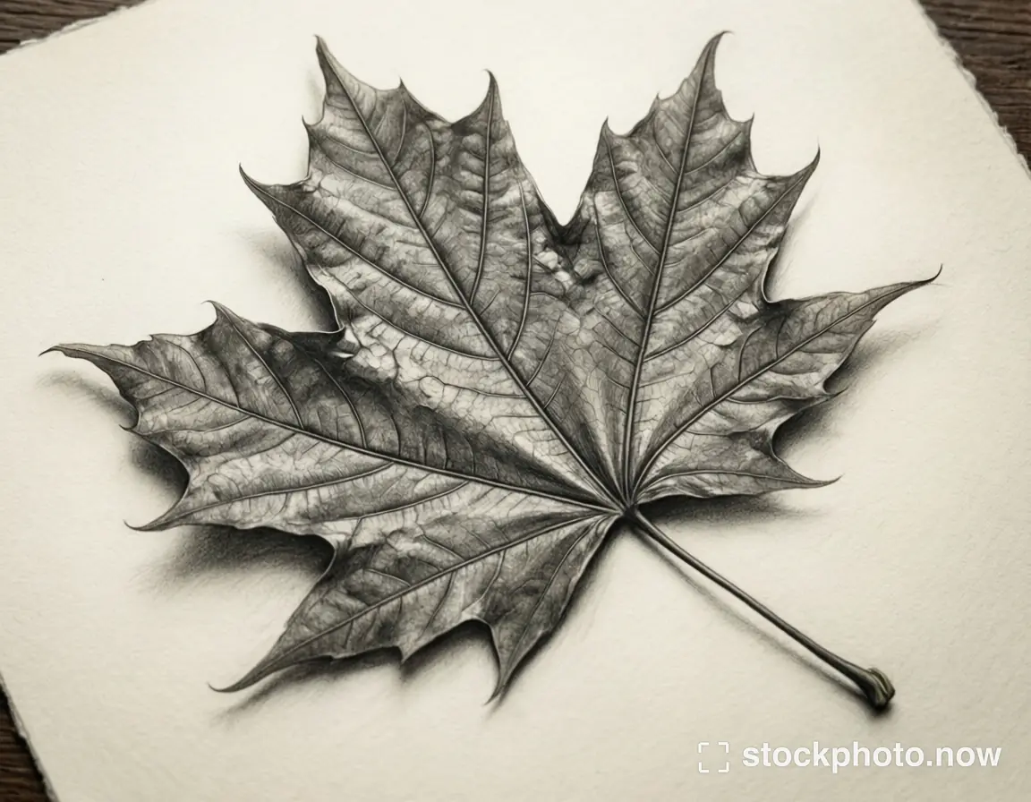 A detailed graphite drawing of a maple leaf with shaded veins on cream artist paper