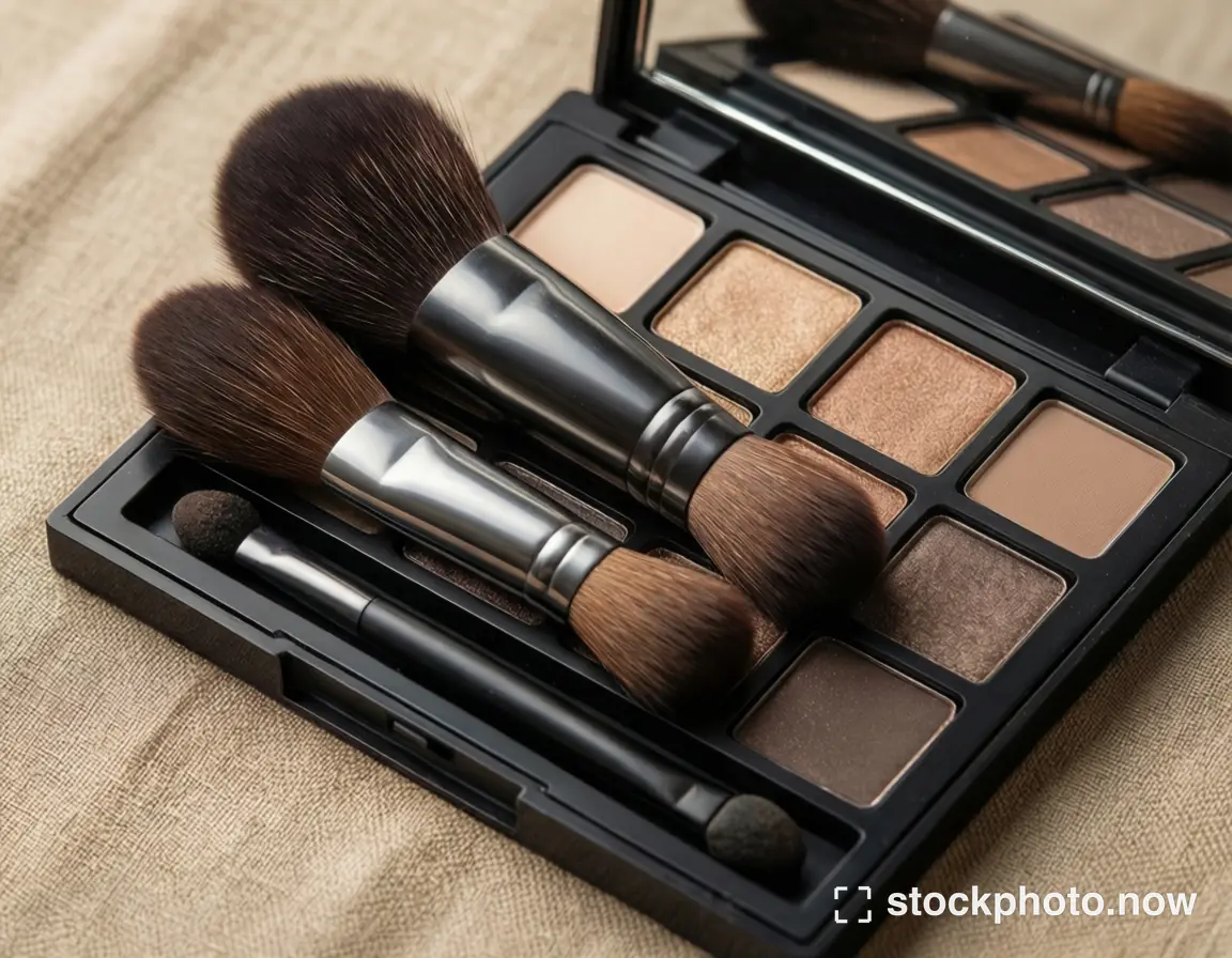 A black eyeshadow palette with brown brushes rests open on a textured beige fabric surface.