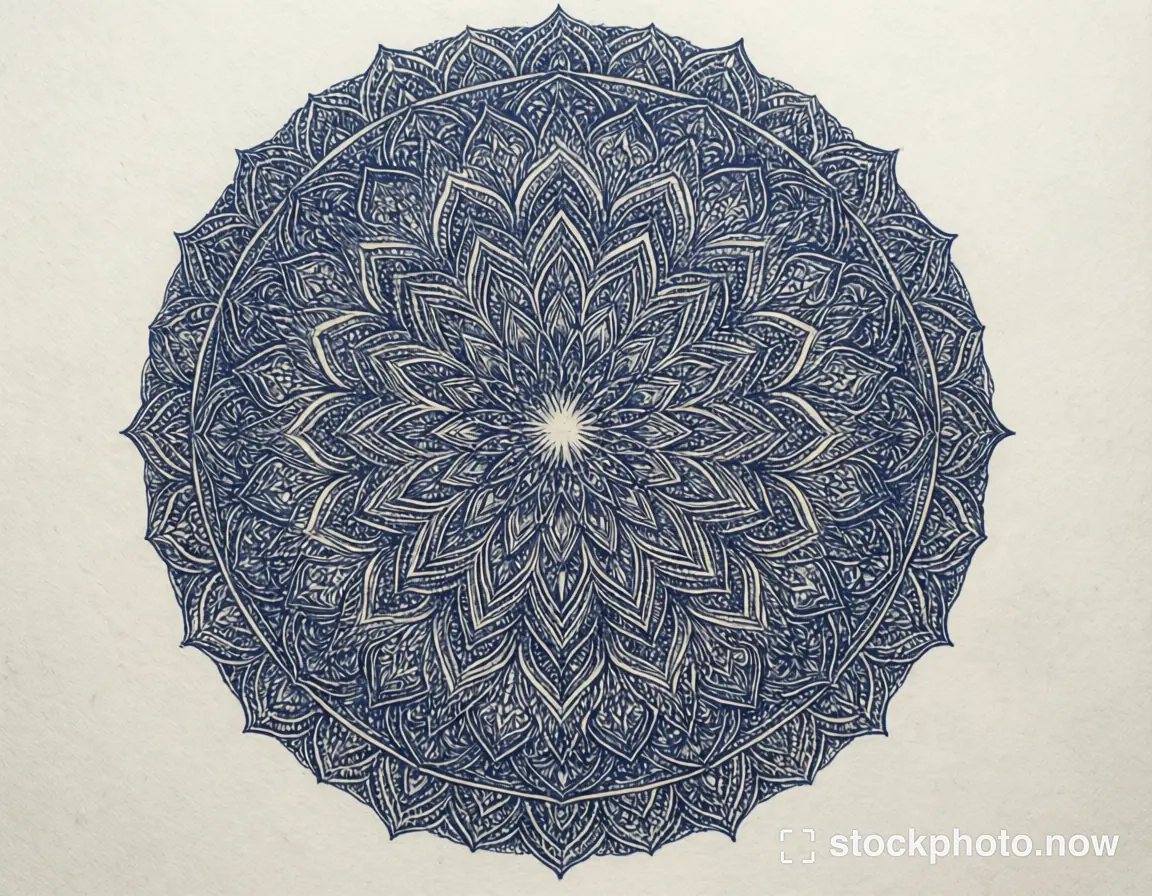 An intricate indigo circular mandala with layered floral patterns on ivory paper