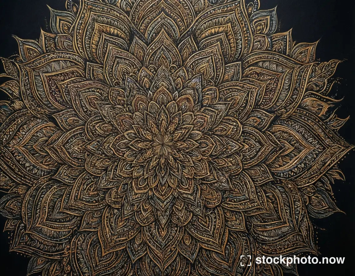 A detailed golden mandala with layered petal patterns on a black background