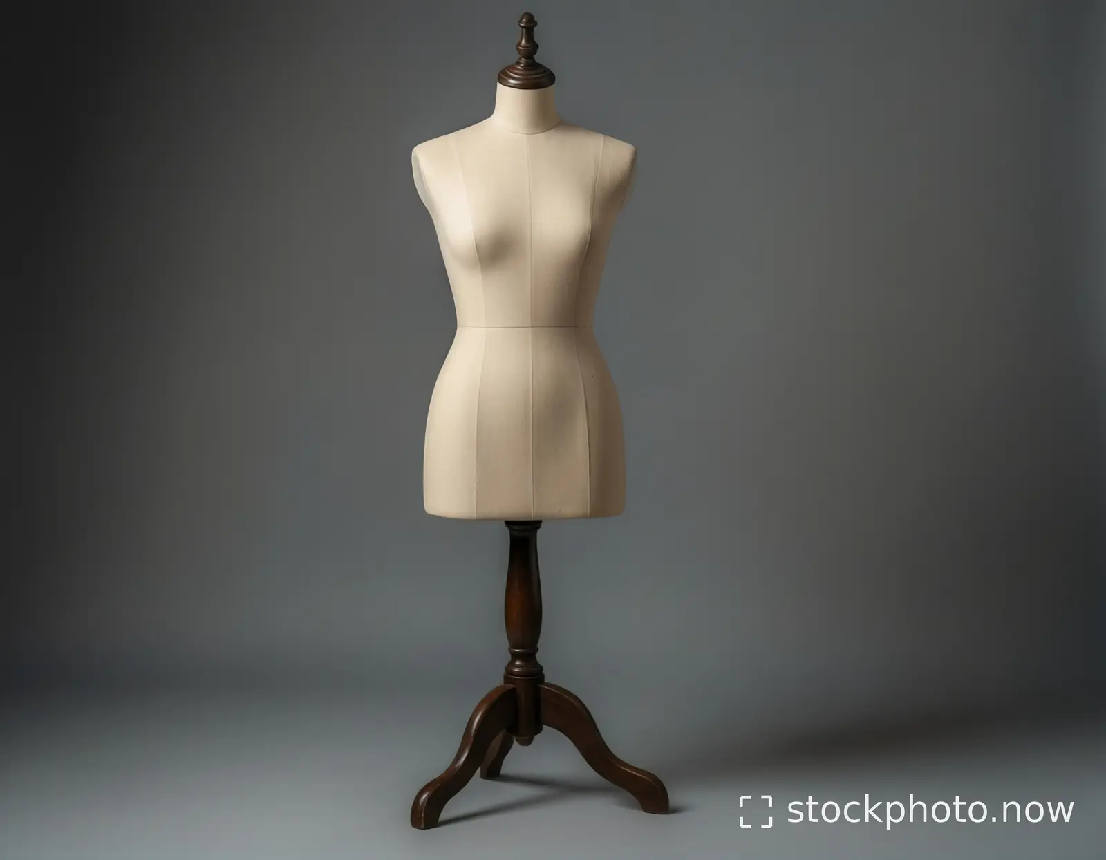 A beige fabric mannequin torso stands on a dark wooden tripod base against a muted gray studio backdrop.