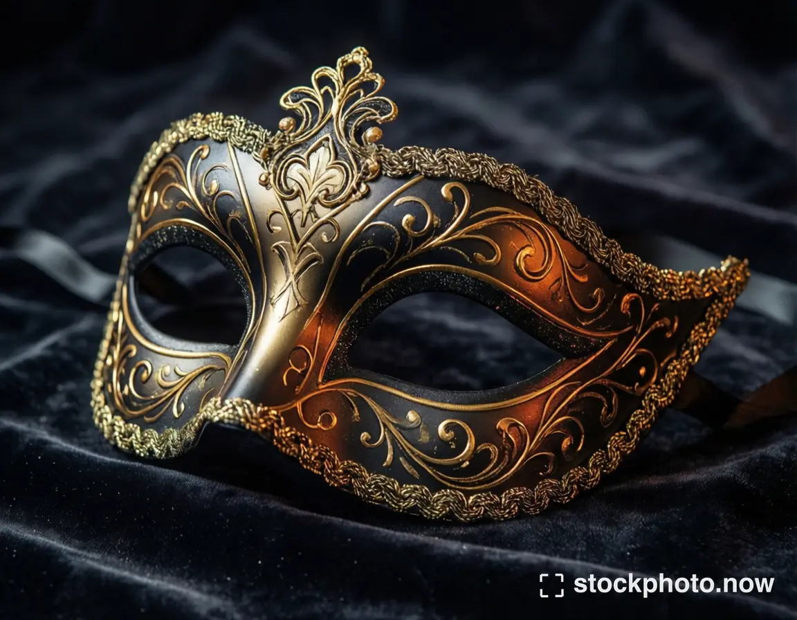 An ornate black masquerade mask with gold filigree resting on dark velvet