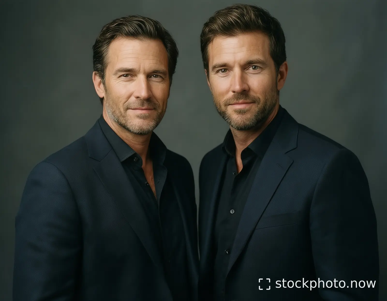 Two men in dark suits stand side by side against a muted gray backdrop with confident expressions.