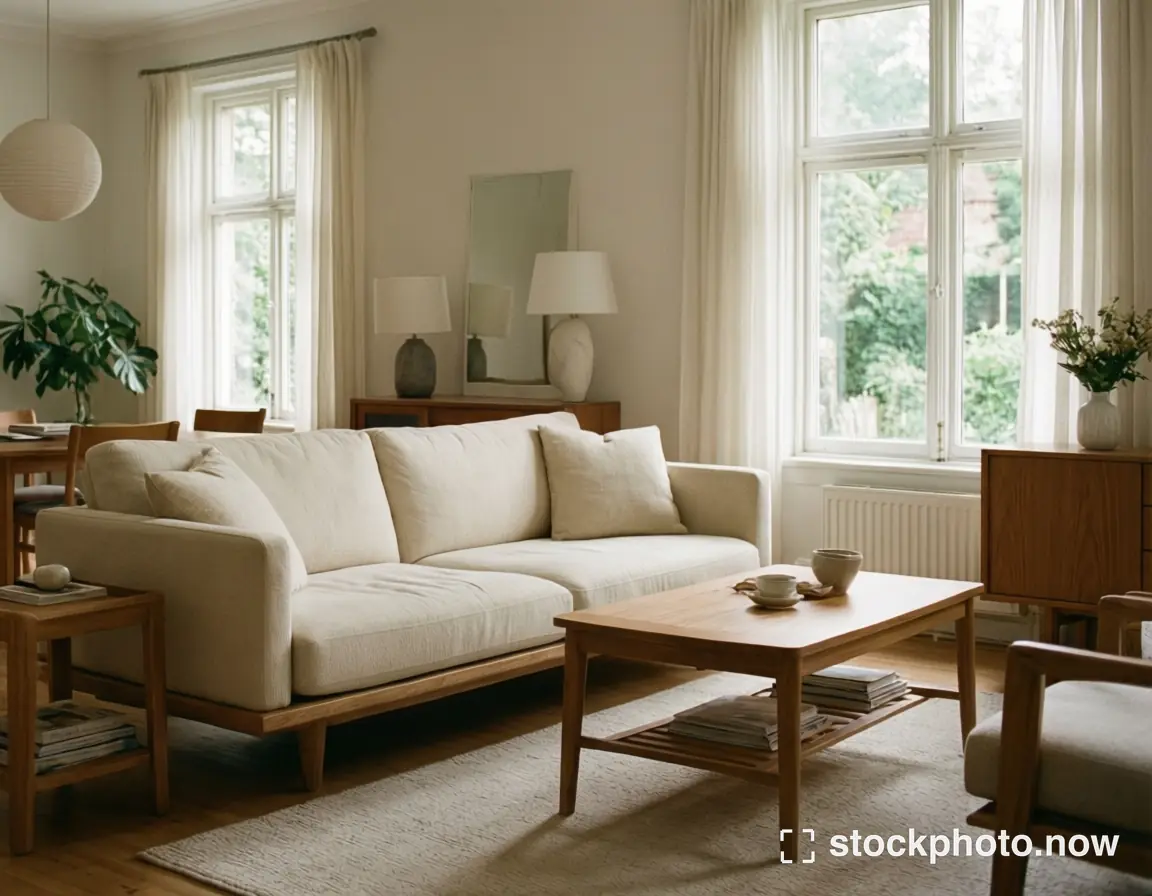 A bright airy living room with a beige sofa wooden coffee table and large windows letting in natural light.