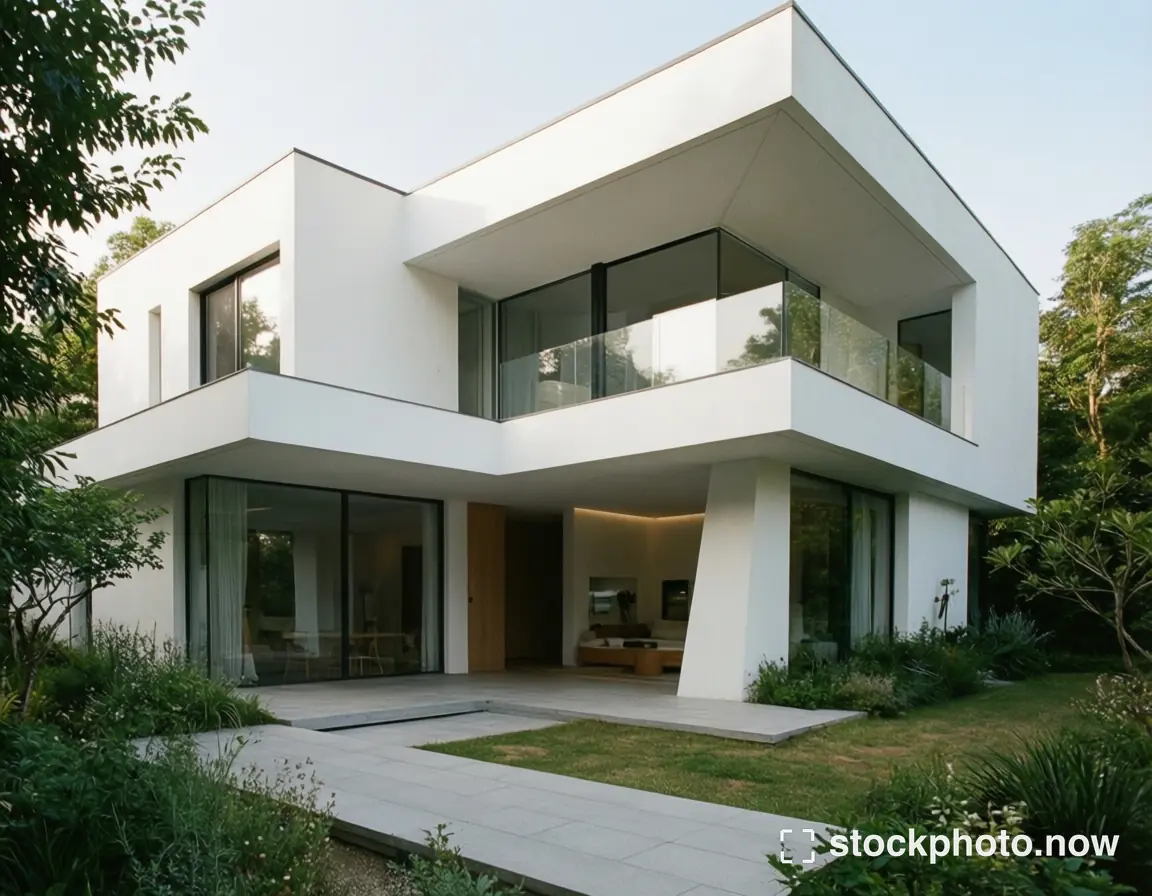 A modern white house with clean lines and glass balconies stands amidst lush greenery under a soft sky.