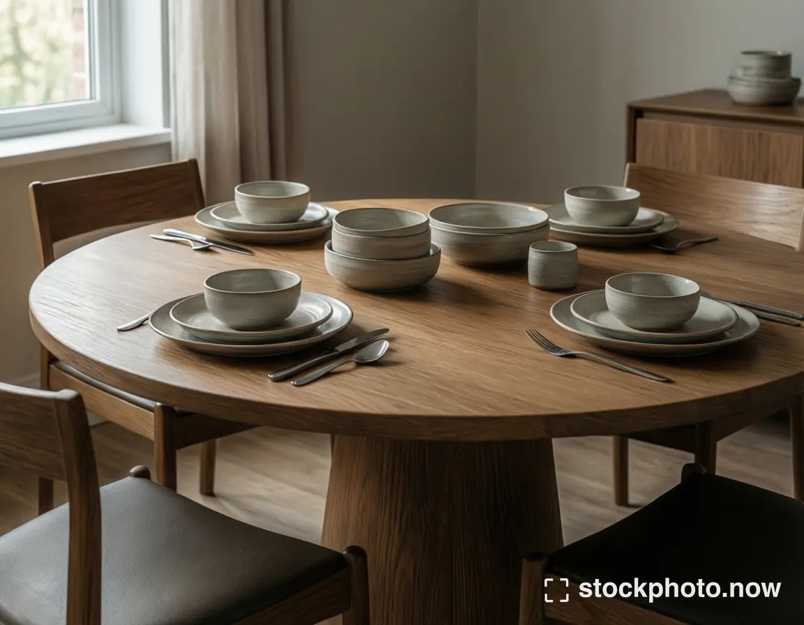 A minimalist wooden dining table set for four with beige ceramic bowls plates and silverware near a window with soft natural light.