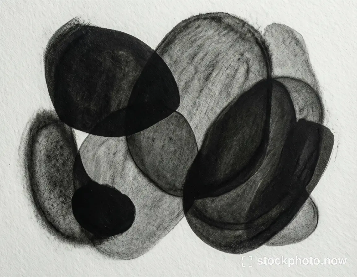 Rounded overlapping charcoal shapes in black and gray on textured white paper