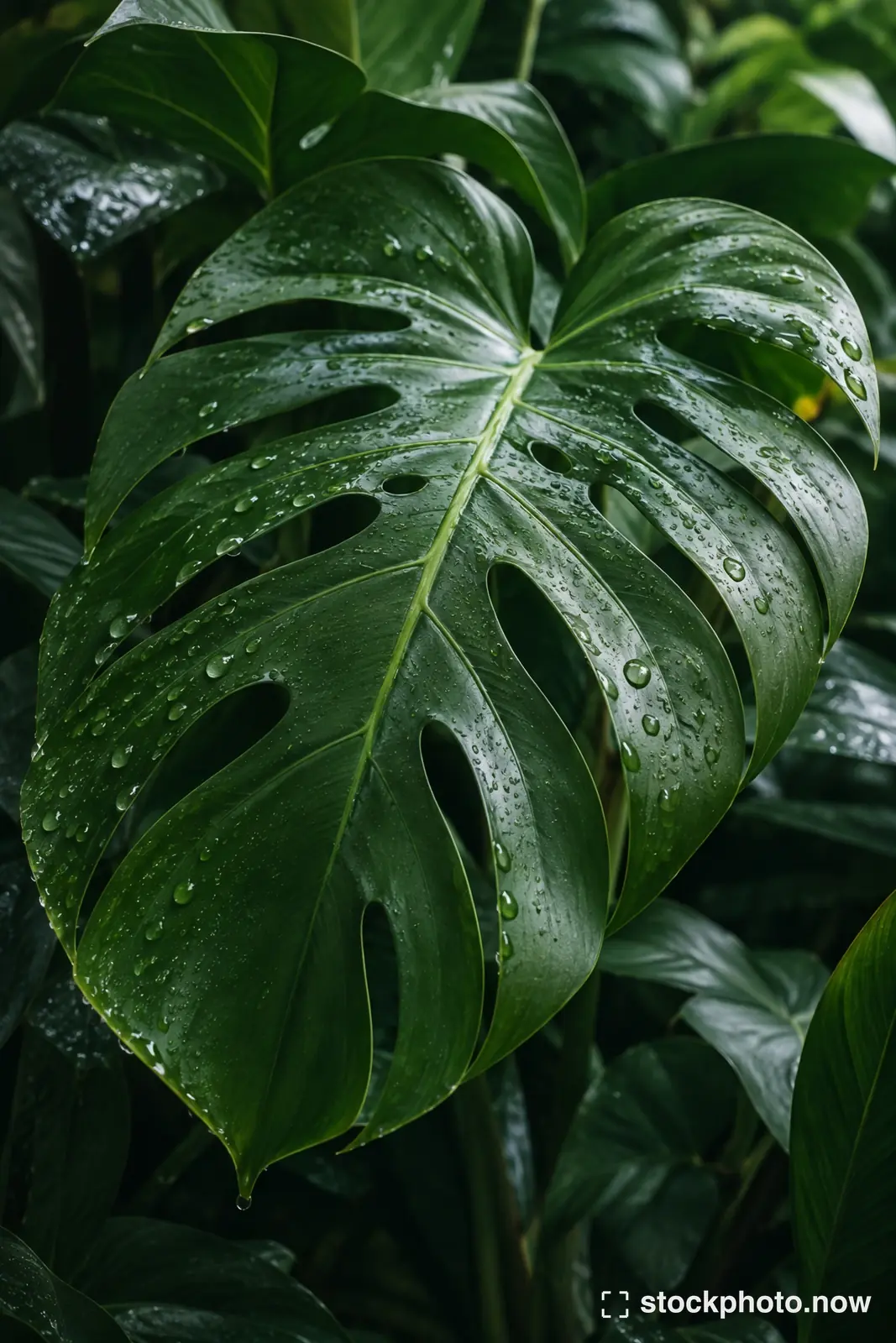 Deep green monstera foliage with water droplets in soft daylight