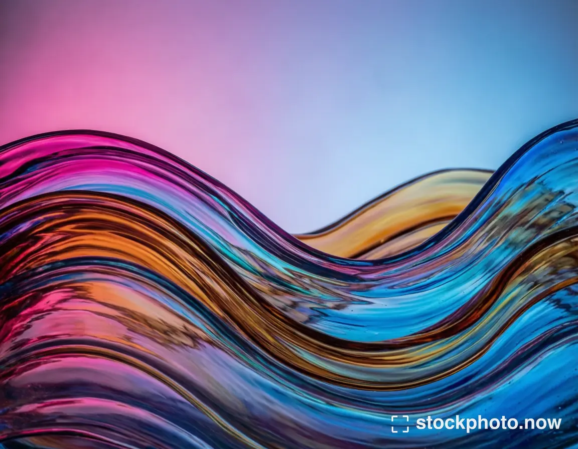 Curving translucent waves in pink, blue, amber and purple against a soft gradient background