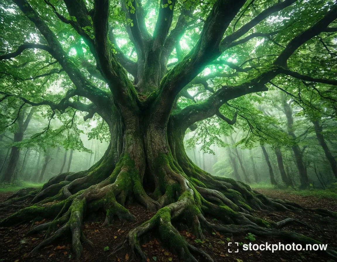 A broad ancient tree with twisting roots and a luminous green canopy in a misty woodland