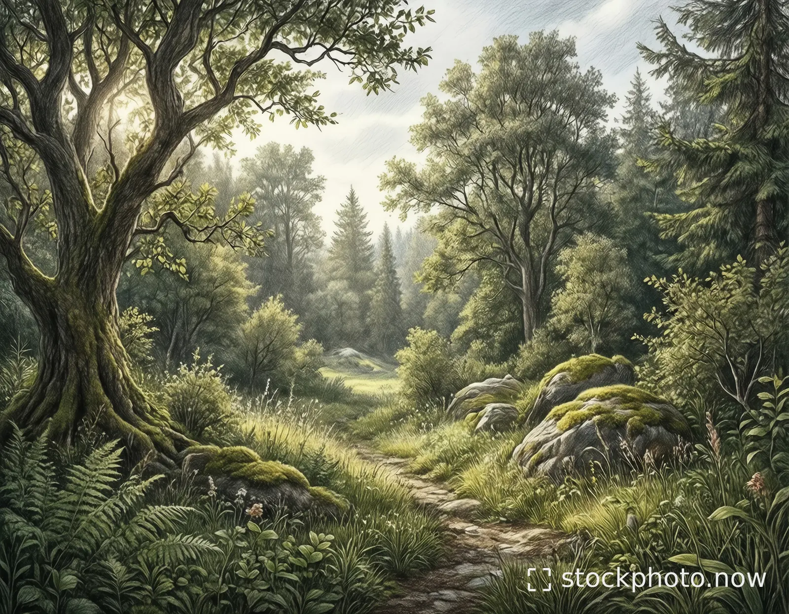 A sunlit forest path winds through mossy rocks and ferns under a canopy of ancient trees.