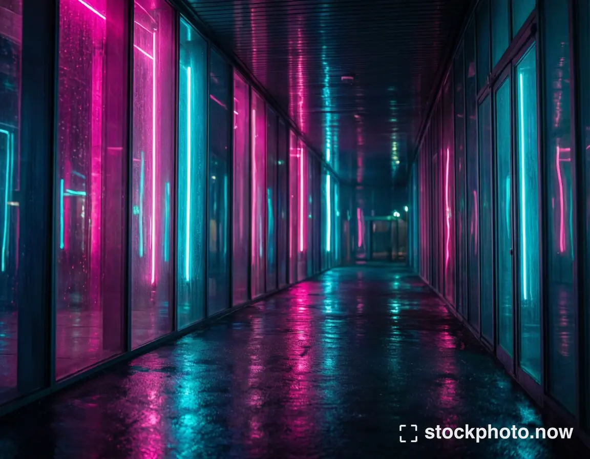 Pink and cyan neon lights reflected across the glossy floor of an empty dark corridor