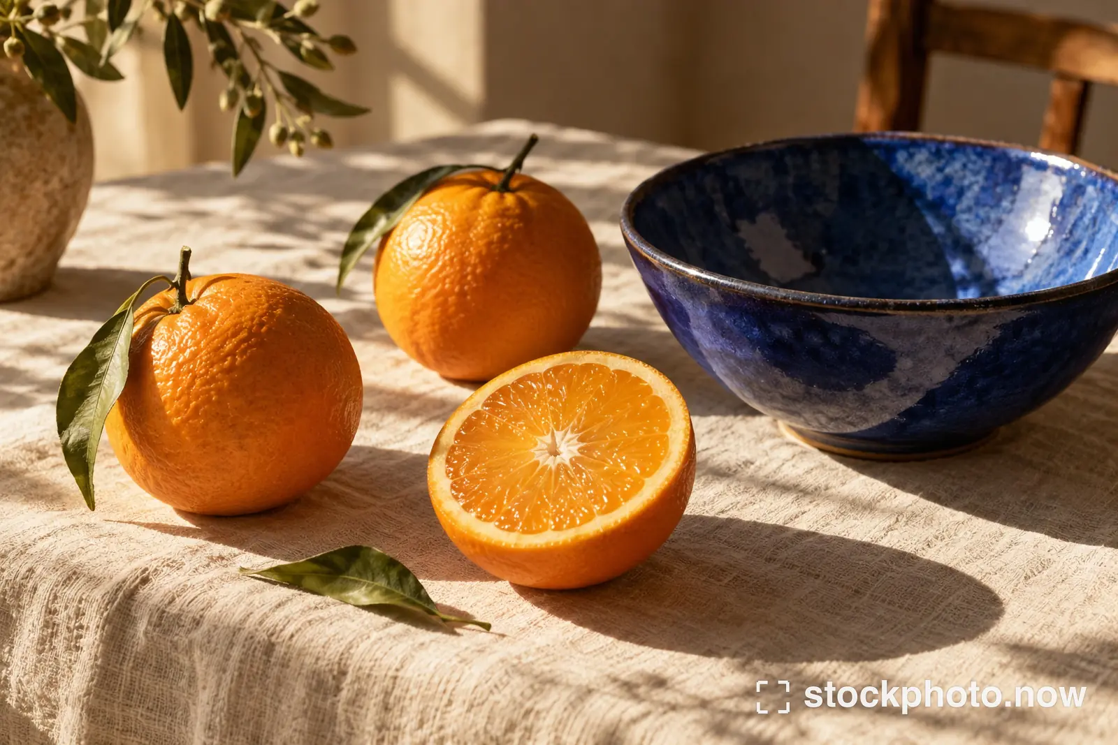 Fresh oranges and a cobalt blue ceramic bowl on a cream tablecloth