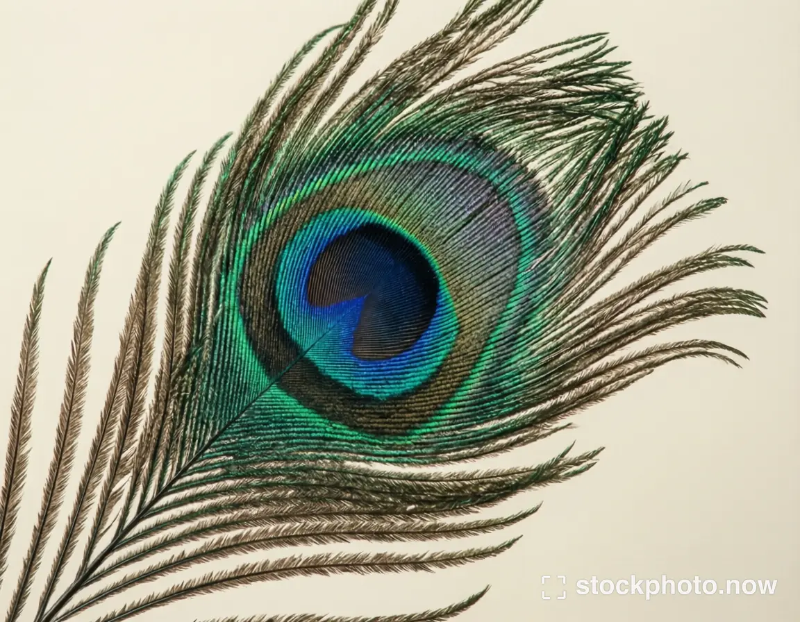 A detailed peacock feather with a blue and green eye pattern against an ivory background