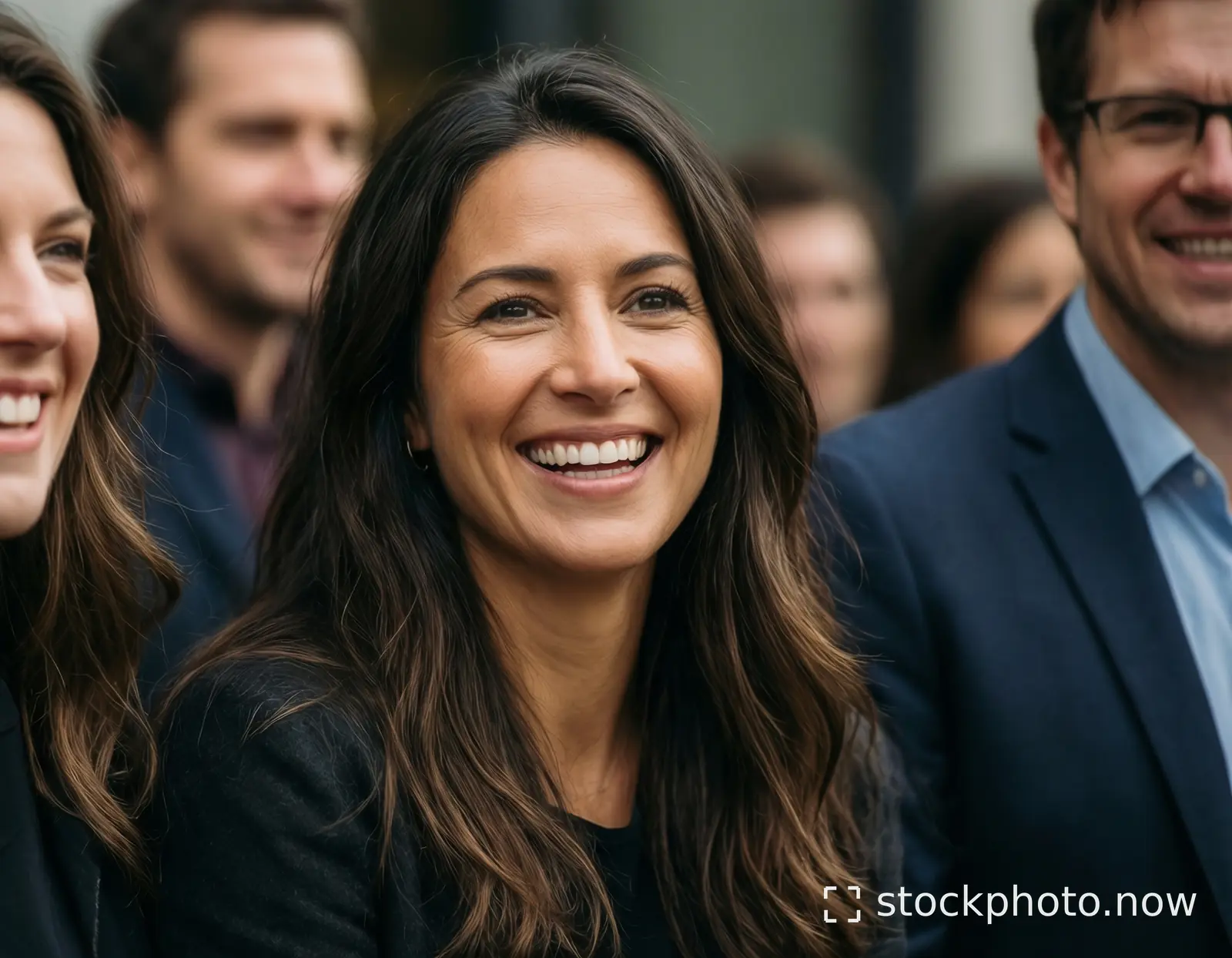 A woman with long dark hair smiles brightly while standing among a group of people in a public setting.