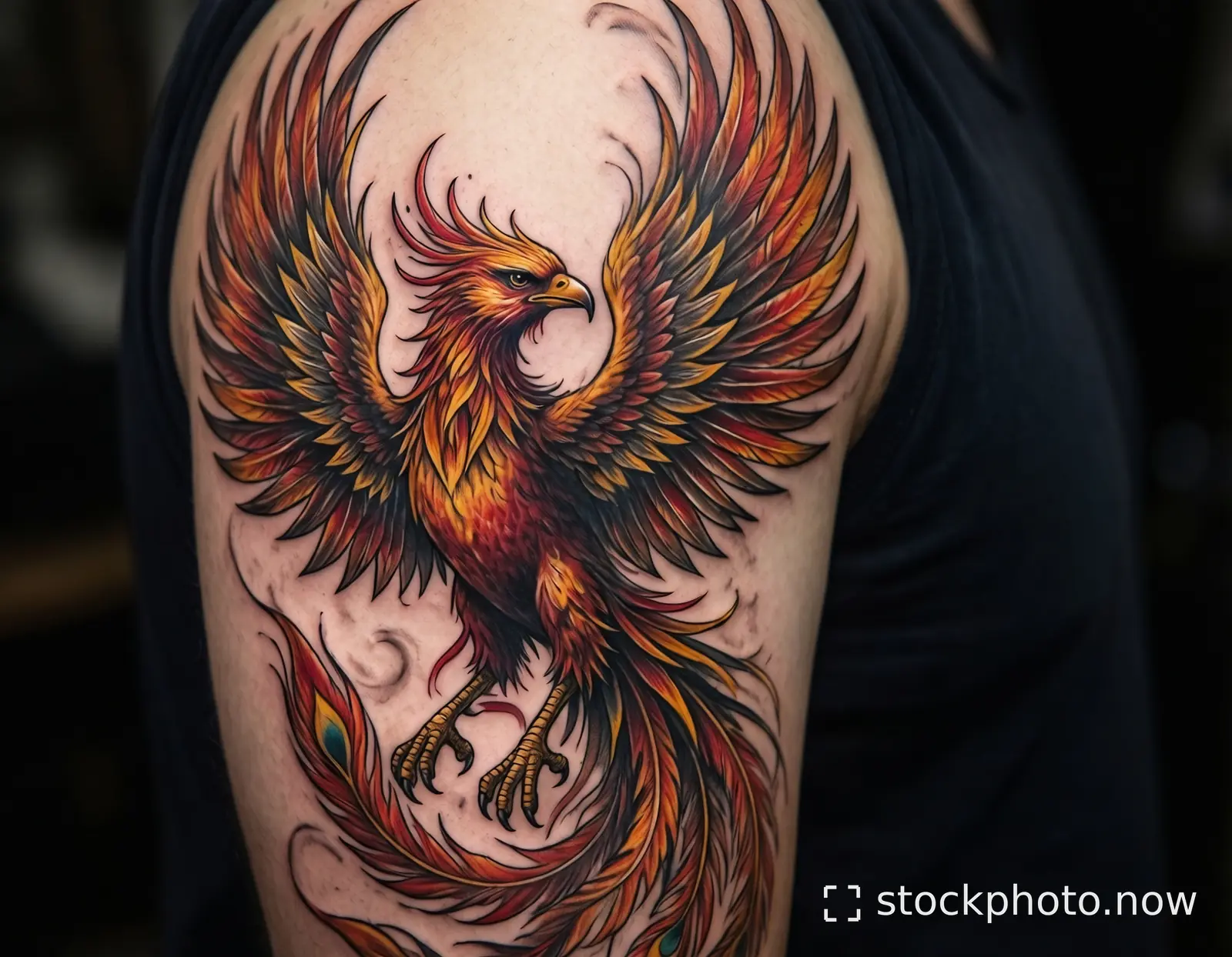 A vividly colored phoenix tattoo with fiery orange red and yellow feathers spreads across a person's upper arm.