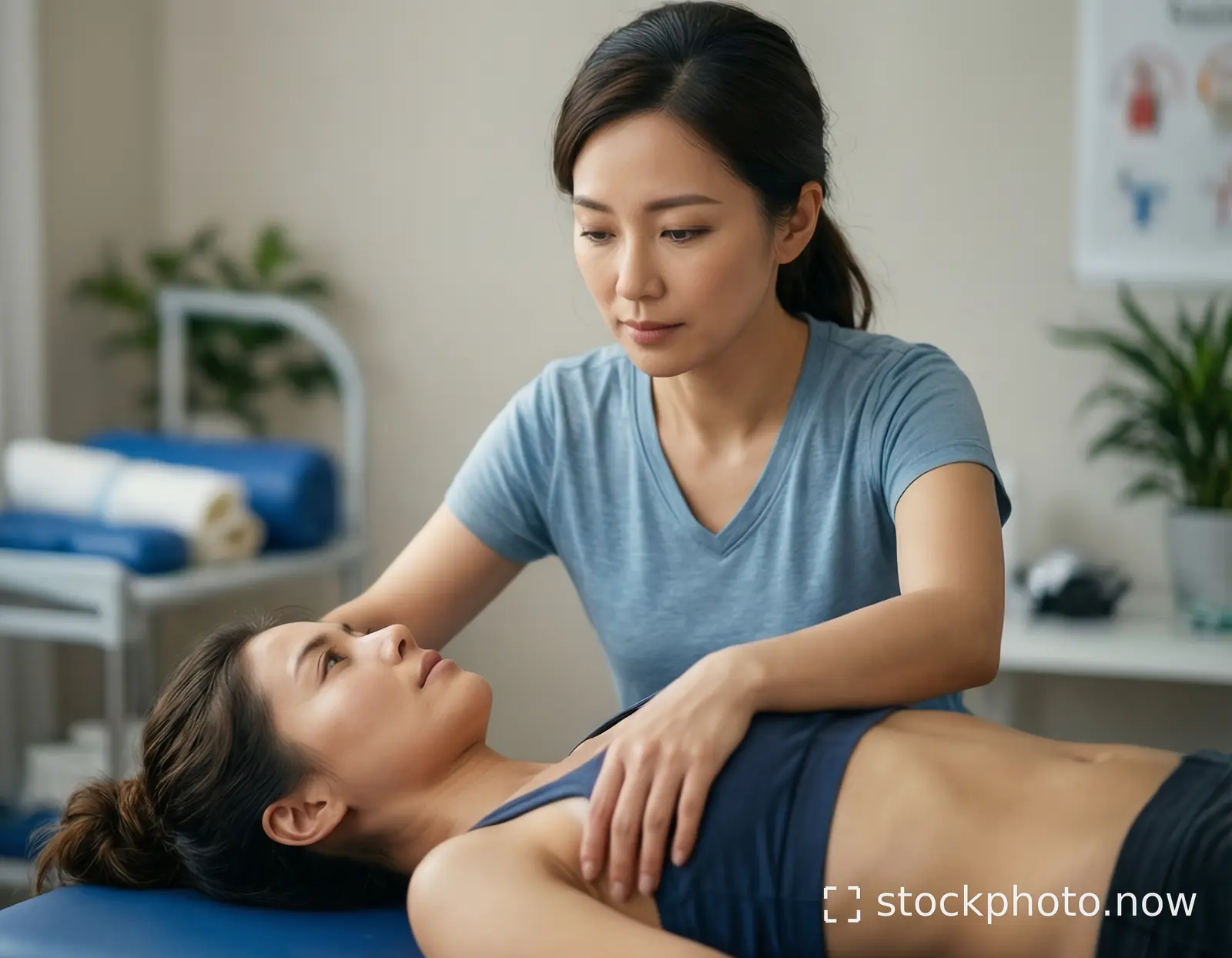 A therapist gently places her hand on a patient's shoulder while she lies on a blue treatment table in a calm clinic.