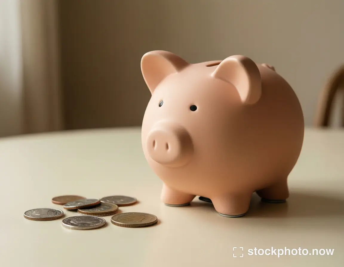 A pale pink ceramic piggy bank beside several coins on a light tabletop