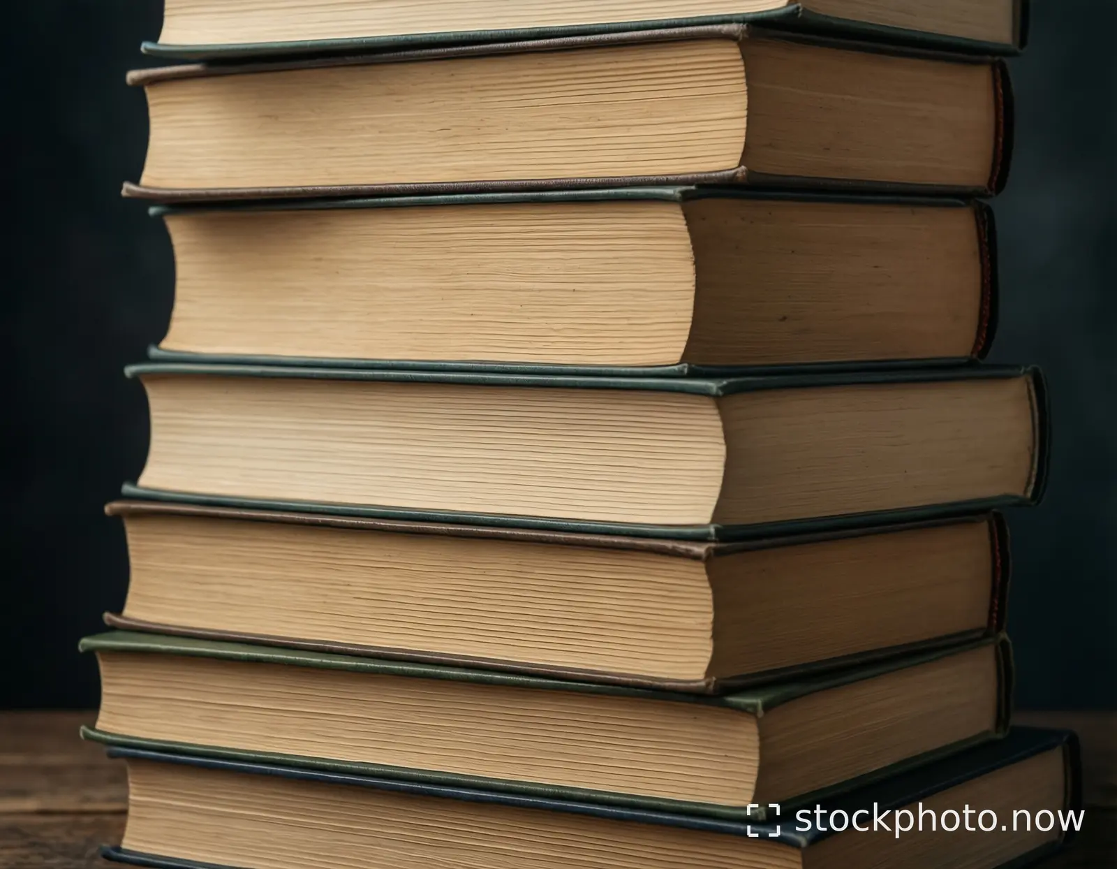 A tall stack of vintage hardcover books with worn beige pages and dark green spines stands against a deep black background.