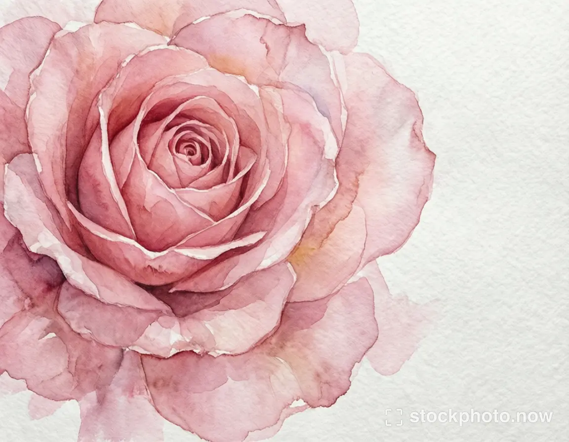 A delicate pink watercolor rose painted on textured white paper with space to the right