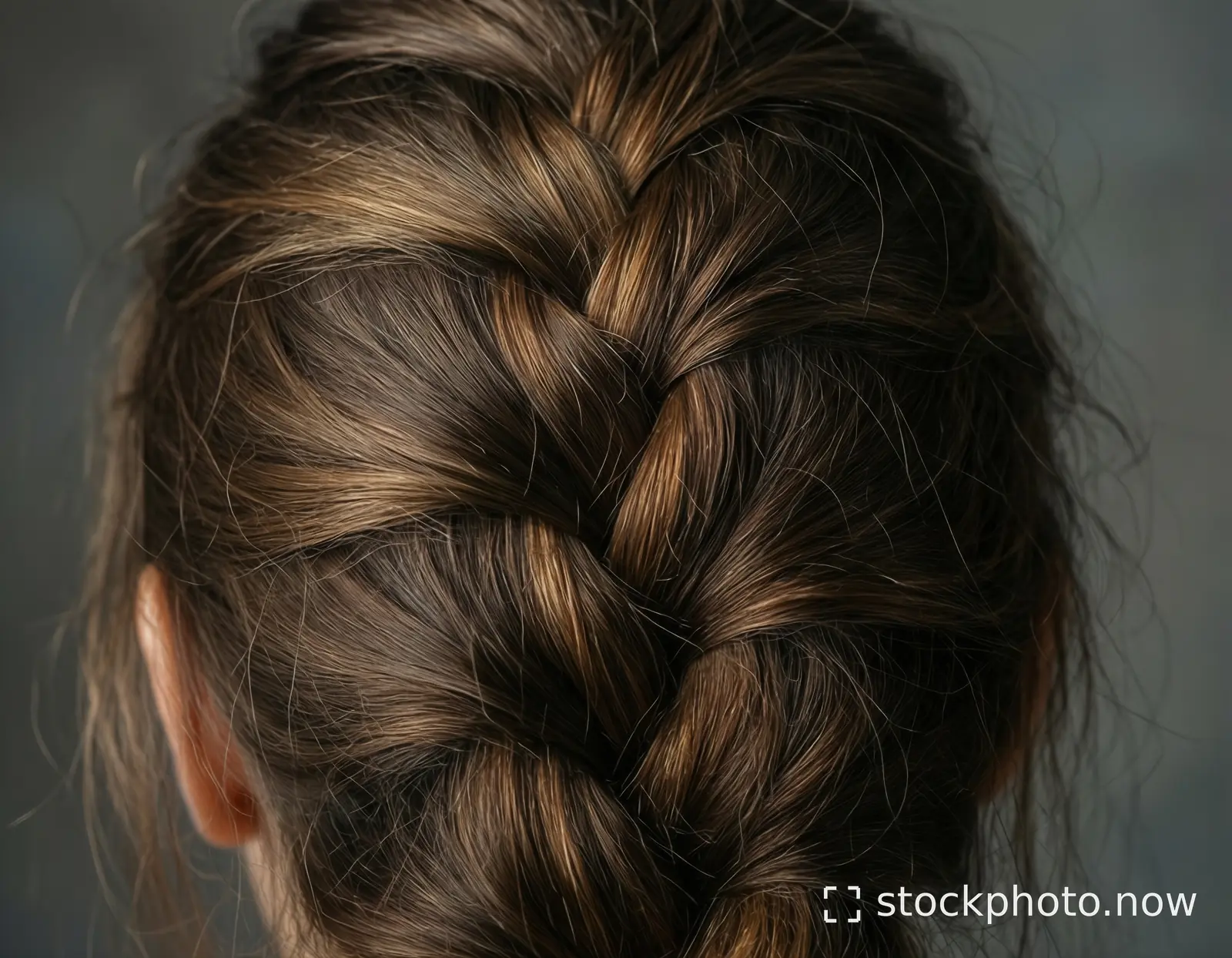 Close-up of a person's head showing a detailed heart-shaped braid in medium brown hair against a muted gray background.