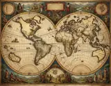 An antique world map with two hemispheres surrounded by classical figures and decorative cartouches on aged parchment.