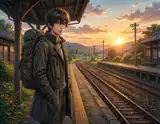 An original anime-style traveler with a backpack standing beside railway tracks at sunset