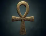 A glowing golden ankh with intricate carvings floats against a dark smoky background.