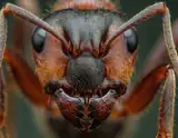 Extreme closeup of an ant's face showing detailed black eyes reddish head and textured mandibles.