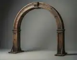 A large rustic wooden archway with carved details stands against a neutral gray studio background.