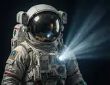 Astronaut in detailed spacesuit with helmet visor reflecting stars and a bright flashlight beam cutting through dark space.