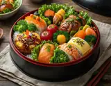 A vibrant bento box filled with sushi sashimi tempura and fresh vegetables on a wooden table.