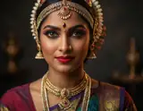 A woman adorned in ornate gold jewelry and a vibrant sari gazes directly with bold red lips and intricate eye makeup.