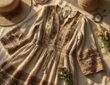 A cream bohemian dress with colorful embroidery arranged with woven accessories on pale linen