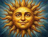 A radiant golden sun with a smiling human face and swirling rays against a deep blue sky.