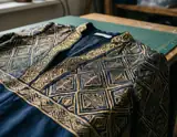 A navy blouse with intricate geometric gold embroidery laid on a cutting mat and wooden worktable