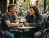 A middle-aged couple shares a warm smile across a café table as golden afternoon light filters through trees behind them.