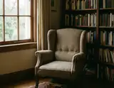 A beige wingback armchair sits by a wooden window beside a tall bookshelf filled with books in a cozy reading nook.