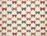 A repeating pattern of hand-drawn bows in soft pastel shades on a creamy background.