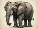 A detailed pencil sketch of a standing African elephant with large ears and curved tusks on aged paper.