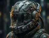 Close-up of a heavily detailed futuristic combat helmet with reflective visor and glowing green display.