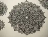 A detailed black ink mandala with intricate layered petals radiating from a central starburst on textured off-white paper.