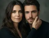 A man and woman in black tops gaze directly at the camera with soft lighting against a muted gray background.