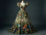 A voluminous gown adorned with three-dimensional colorful flowers and greenery displayed on a mannequin against a dark backdrop.