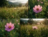 Sunlit pink cosmos flowers bloom in a lush green meadow with rolling hills in the background.