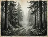 A monochrome charcoal illustration of a winding path between tall conifers fading into mist